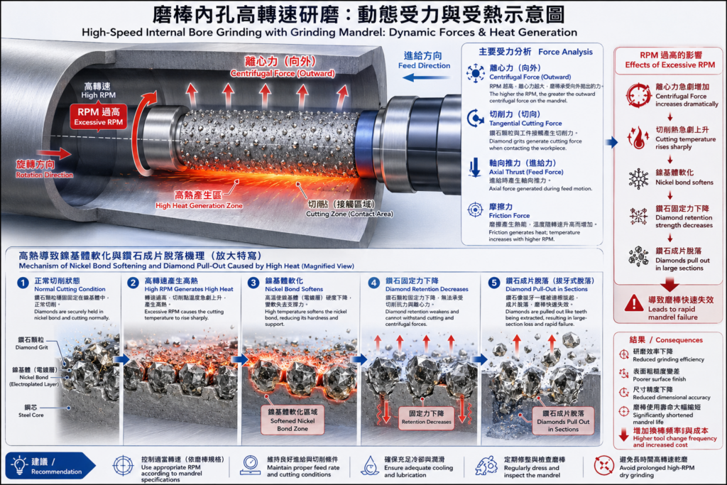 內孔研磨高轉速高熱導致電鍍鎳基體軟化與鑽石顆粒脫落效應