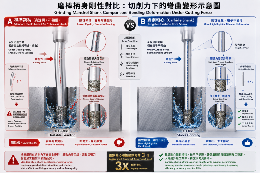 標準鋼柄與宏崴客製化鎢鋼軸心抗震防彈刀剛性對比圖