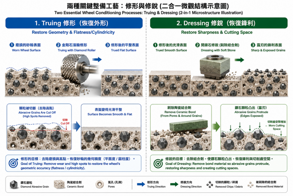 陶瓷結合劑砂輪線上自動化Truing修形與Dressing修銳開鋒微觀原理對比圖