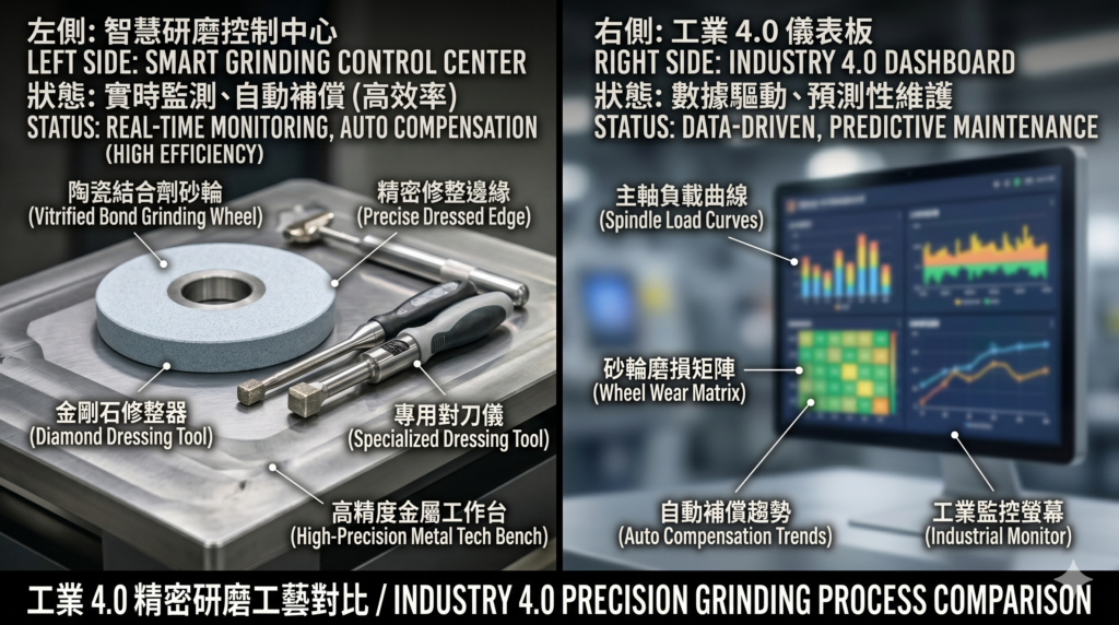 工業4.0智慧製造陶瓷結合劑砂輪自動補償與磨耗控制數據監測