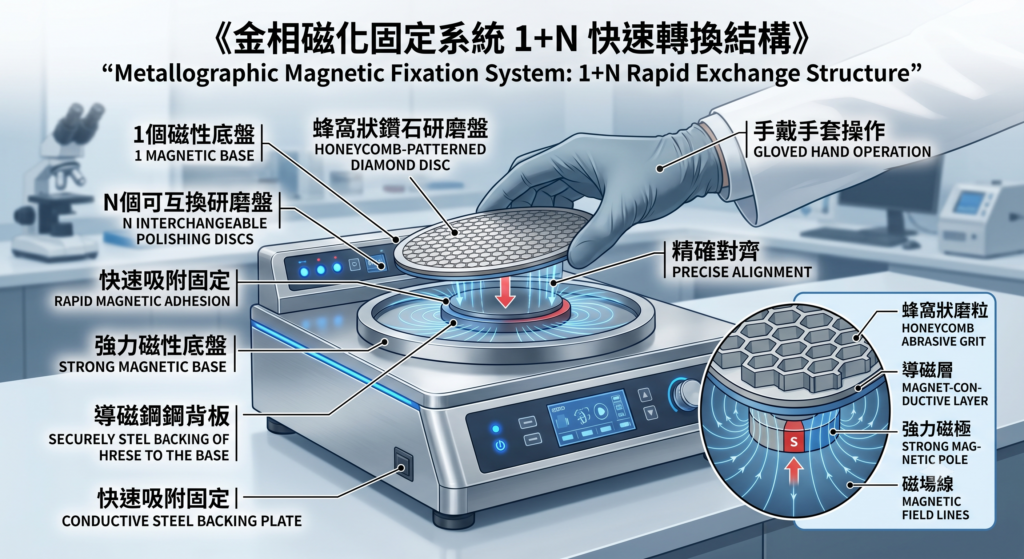 宏崴實業金相磁化系統1+N快速轉換結構與磁吸式研磨盤