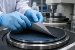 Technician replacing polishing cloth on a metallographic fixing pad using surface tension adsorption technology for flat sample preparation without residue or wafer breakage.